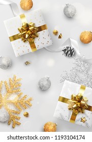 Christmas background. Holiday design with Xmas decoration and realistic objects. Happy new year greeting card, banner, web poster. Vector illustration