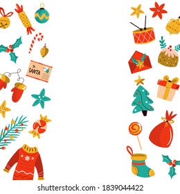 Fondo de Navidad con elementos de vacaciones, iconos. Diseño abstracto para la temporada festiva. Ilustración vectorial colorida