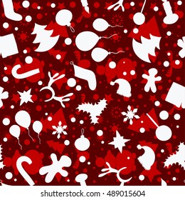 Christmas background. Holiday elements silhouettes. Seamless pattern