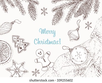 Christmas background. Holiday top view illustration. Hand drawn vector frame.