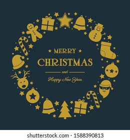Christmas background with holiday wreath made of festive decoration and greetings. Vector