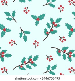 Christmas background with holly berries leaves. Simple Christmas seamless pattern. Vector illustration for print wrapping paper fabric wallpaper.