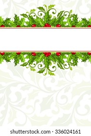 Christmas background with holly berries and leaves