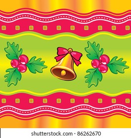 Christmas background with holly berry and bell. Seamless.