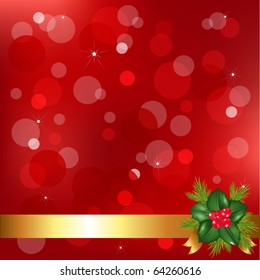 Christmas Background With Holly Berry And Bokeh, Vector Illustration