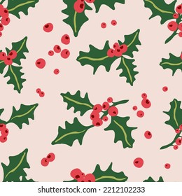 Christmas background holly berry with green leaves and red berries, seamless pattern