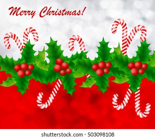 Christmas background with holly and candies