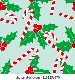 Christmas background with holly and candy cane. Illustration of holly. Illustratio  of candy cane. Christmas textile. Winter seamless pattern. Textile print. 