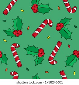Christmas background with holly and candy cane