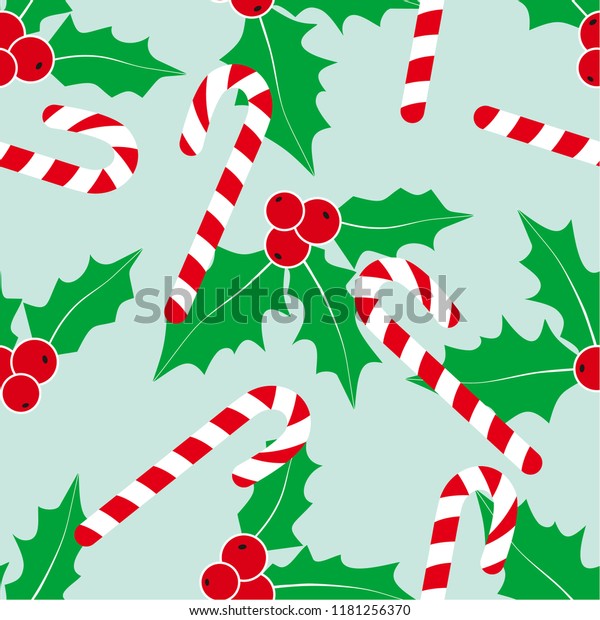 クリスマス背景にヒイラギとキャンディーの杖 ホリーのイラスト 甘しょの甘しょのイラスト クリスマスの織物 冬のシームレスな模様 織物の印刷 のベクター画像素材 ロイヤリティフリー