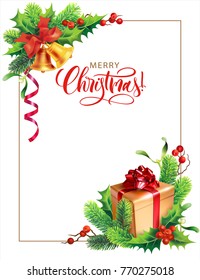 Christmas background with holly garland, bells, gift and place for message. Vector illustration.