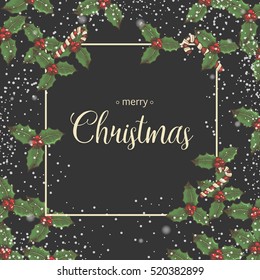 Christmas background and holly leaves   festive candies black  Lettering  Hand  drawn elements  sketch  