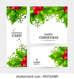 Christmas background with holly leaves, red berries and ornamental snowflakes. Winter holiday backgrounds with decorations and greeting text. Vector illustration.