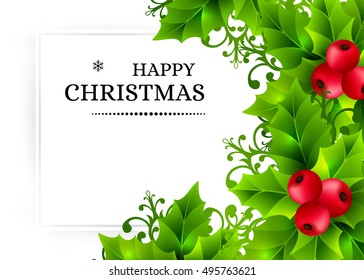 Christmas background with holly leaves, red berries and ornamental snowflakes. Winter holiday poster with decorations and greeting text. Horizontal vector illustration.