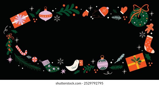 Banner horizontal de fundo de Natal em estilo retro de desenho animado com espaço em branco para texto, Quadro de Natal, borda com Natal sazonal vetor elementos de ilustração para design