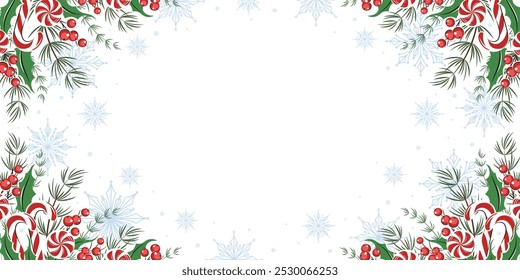 Christmas background. Horizontal banner with place for text, frame decorated with different winter plants and sweets. Vector illustration for season banner, cover, advertisement, sales.