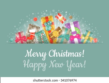 Christmas background horizontal header vector banner with holiday celebration gifts. Festive decorative frame headline for website, invitation, greeting card design. Winter seasonal border 
