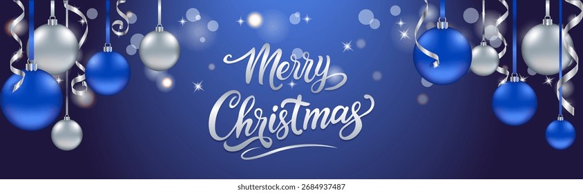 Quadro longo horizontal de fundo de Natal. Banner de Natal azul árvore de Natal em layout horizontal com área de cópia central. Vetor EPS10