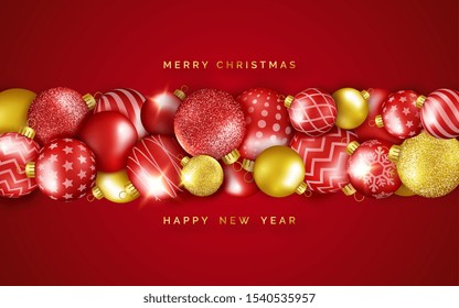 Christmas background with horizontal shining vector colorful balls. New year and Christmas card illustration on red background