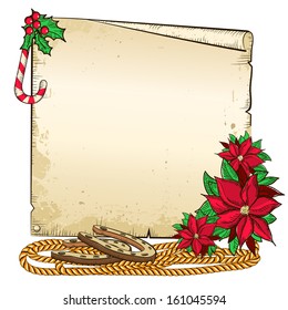 Christmas  background with horseshoes and red poinsettia.Vector paper illustration for text