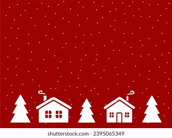 Christmas background with house, fir trees and snowfall. Holiday invitation greeting card. Happy New Year vector illustration Design pattern template