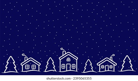 Christmas background with house, fir trees and snowfall. Holiday invitation greeting card. Happy New Year vector illustration Design pattern template