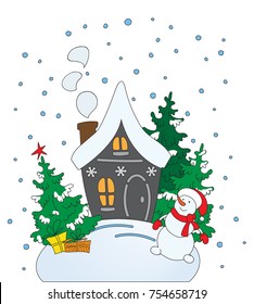 Christmas background with house and snowman. Doodle illustration.
