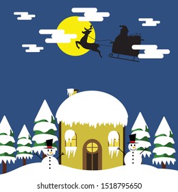 Christmas background with house and tree in snowfall. 