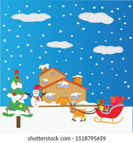 Christmas background with house and tree in snowfall. 