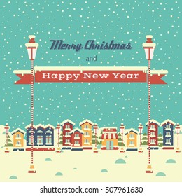 Christmas background with houses and greeting inscription in flat style. Winter town.  Happy New Year and Merry Christmas