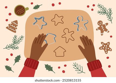 Weihnachtlicher Hintergrund. Menschliche Hände, die Weihnachtskekse machen. Nachhaltiges Weihnachtsbanner.