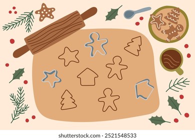 Christmas background. Human hands making Christmas cookies. Sustainable Christmas banner.