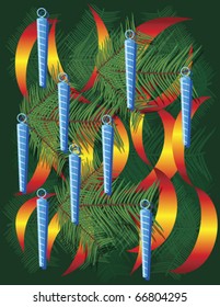 christmas background with icy ornaments and pine leaves against green background, abstract vector art illustration