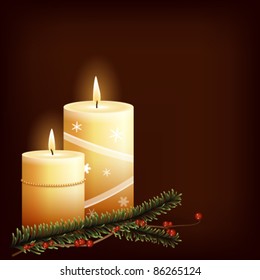 Christmas background illustration - candles with decoration, piece of conifer tree branch and red berries