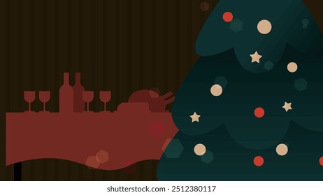 Navidades ilustración de fondo. Primer plano de un árbol de Navidad. Hay una cena de Navidad en la parte de atrás.