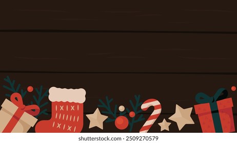 Christmas background illustration with gifts, stars, socks and leaves.