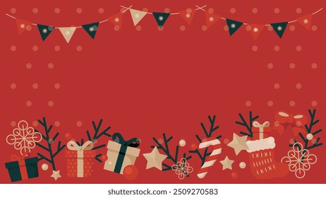Christmas background illustration with gifts, stockings and ornaments.