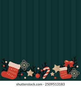 Christmas background illustration with socks, stars, candy canes and ornaments.