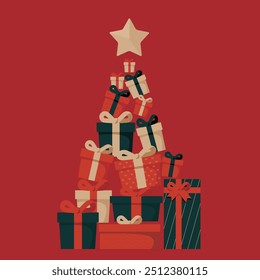 Christmas background illustration. Stacked gifts. There is a star on the top.