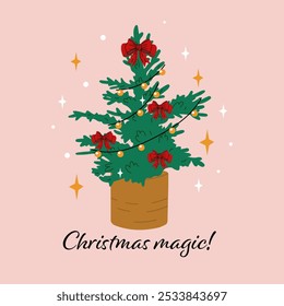 Christmas background.  Illustration with Christmas tree and text Christmas magic. Template for Poster, Banner, Greeting, Card, Flyer, Invitation, Cover, post.
