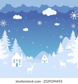 Christmas background. Illustration Winter landscape with deer and fir trees in the snow, village in the night sky with stars, snowfall. Blue background.