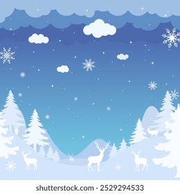 Christmas background. Illustration Winter landscape with deer and fir trees in the snow, night sky with stars, snowfall. Blue background.