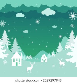 Christmas background. Illustration Winter landscape with deer and fir trees in the snow, village in the night sky with stars, snowfall. Green background.