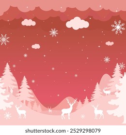 Christmas background. Illustration Winter landscape with deer and fir trees in the snow, night sky with stars, snowfall. Red background.