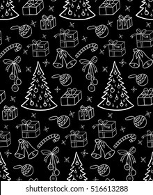 Christmas background.  Illustration for a  wrapping paper,  wallpaper.  Black-and-white drawing. White background.   Seamless vector pattern.