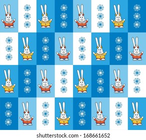 Christmas background with the image of bunnies and snowflakes. Seamless pattern