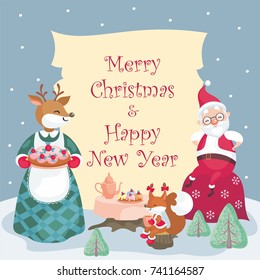 Christmas background with the image of cute woodland animals and Santa. 