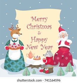 Christmas background with the image of cute woodland animals and Santa. 
