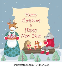Christmas background with the image of cute woodland animals