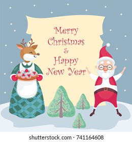 Christmas background with the image of cute woodland animals and Santa. 